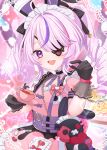  1girl ahoge animal_ears apron black_choker black_gloves choker cup dress drill_hair eyepatch fake_animal_ears frilled_choker frills gloves heart heart_ahoge highres holding holding_plate long_hair maid_apron maid_headdress maria_marionette maria_marionette_(maid) multicolored_hair nijisanji nijisanji_en official_alternate_costume open_mouth pink_apron pink_dress pink_hair plate puffy_short_sleeves puffy_sleeves purple_eyes purple_streaks rabbit_ears short_sleeves solo streaked_hair teacup twin_drills upper_body usari_sk virtual_youtuber 