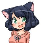  :d animal_ears blue_hair blush breasts cat_ears cat_girl collarbone cyan_(show_by_rock!!) fang green_eyes happy large_breasts looking_at_viewer open_mouth ribbon rori_(4chan) show_by_rock!! simple_background smile solo source_request sweater upper_body white_background white_ribbon 