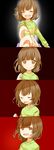  ^_^ androgynous bad_end bad_id bad_twitter_id black_background brown_eyes brown_hair chara_(undertale) closed_eyes comic commentary evil_smile frisk_(undertale) gameplay_mechanics highres misha_(hoongju) open_mouth out_of_frame outstretched_hand pov pov_hands red_background smile spoilers undertale 