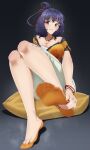  1girl absurdres ao_no_kiseki blue_eyes blue_hair bracelet breasts commentary_request eiyuu_densetsu feet foot_focus foreshortening hands_on_feet highres jewelry large_breasts looking_at_viewer nail_polish necklace no-show_socks no_shoes pillow presenting_foot rixia_mao simple_background sitting sitting_on_pillow smile socks soles solo steam thighhighs toe_cleavage toes tooth_necklace tsa zero_no_kiseki 