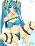  ball_gag bdsm blue_eyes blue_hair blush bondage bound bra breasts cleavage gag handsofmidaz large_breasts league_of_legends long_hair looking_at_viewer panties restrained shibari solo sona_buvelle twintails underwear underwear_only 