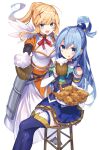  2girls :p absurdres alcohol aqua_(konosuba) beer beer_mug blonde_hair blue_boots blue_eyes blue_hair blue_shirt blue_skirt boots breasts commentary_request cup darkness_(konosuba) detached_sleeves dress drink food_request hair_ornament highres holding holding_drink holding_plate kono_subarashii_sekai_ni_shukufuku_wo! looking_at_viewer medium_breasts mishima_kurone mug multiple_girls on_stool open_mouth plate second-party_source shirt simple_background sitting skirt sleeveless sleeveless_shirt smile sphere_hair_ornament stool thigh_boots tongue tongue_out white_background white_dress white_sleeves 