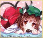  all_fours animal_ears blush brown_eyes brown_hair cat_ears cat_tail chen chocolate chocolate_heart dress graphite_(medium) happy_valentine hat heart kittona long_sleeves looking_at_viewer millipen_(medium) mob_cap mouth_hold multiple_tails nekomata red_dress shikishi shirt smile solo tail touhou traditional_media two_tails valentine watercolor_pencil_(medium) 