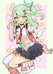  1girl aqua_bow arm_warmers armlet backpack bag belt black_armlet black_bow black_choker black_skirt blunt_bangs blush border bow bright_pupils choker collared_shirt commentary earrings english_commentary fake_wings feet_out_of_frame flower fluffy_clothes green_border green_eyes green_hair green_pupils hair_ornament hairclip heart heart_hair_ornament high_side_ponytail highres instagram_username jewelry leg_warmers long_hair milktuart miniskirt multicolored_shoes musical_note_earrings nail_polish necktie paw_print pink_arm_warmers pink_background pink_bag pink_bow pink_leg_warmers pink_shoes polka_dot polka_dot_background puffy_short_sleeves puffy_sleeves rabbit red_necktie shirt shoes short_sleeves side_part side_ponytail skirt solo star_(symbol) striped_arm_warmers striped_leg_warmers sunna_(zenless_zone_zero) sweat thigh_strap tie_clip twitter_username two-tone_arm_warmers two-tone_leg_warmers two-tone_shoes white_arm_warmers white_belt white_leg_warmers white_shirt white_shoes white_wings wings zenless_zone_zero 