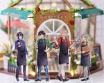  4boys :d ;d absurdres acrylic_stand_(medium) amaki_ren apron artist_name bad_id bad_pixiv_id barista black_apron black_hair black_pants black_shoes blonde_hair blue_eyes blue_pants blue_shirt blurry cafe closed_mouth collared_shirt cup depth_of_field double-parted_bangs frown green_eyes green_pants green_shirt hair_between_eyes highres holding holding_cup holding_tray iwatani_naofumi kawasumi_itsuki kitamura_motoyasu light_frown looking_at_viewer male_focus messy_hair minami_seira multiple_boys official_artist_extra one_eye_closed open_mouth outdoors pants photo_(medium) red_eyes red_shirt shirt shoes short_hair smile straight-on straight_hair tate_no_yuusha_no_nariagari teeth tray twitter_username upper_teeth_only watermark white_pants yellow_shirt 