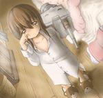  bedwetting blush brown_eyes brown_hair commentary_request frown futon holding holding_panties inazuma_(kantai_collection) kantai_collection long_hair looking_at_viewer oversized_clothes panties rensouhou-chan shirt slippers tears tsurupeta_(pikapika45) underwear wiping_tears wooden_floor 