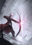  1boy absurdres archer_(fate) black_pants black_shirt bow_(weapon) commentary cropped_jacket drawing_bow fate/stay_night fate_(series) from_side full_body hair_slicked_back hajo_illust highres holding holding_bow_(weapon) holding_weapon pants shirt solo spiked_hair sword weapon white_hair 