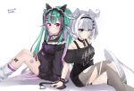  2girls aqua_eyes aqua_hair asymmetrical_legwear bare_shoulders black_hairband black_nails black_sailor_collar black_shirt black_skirt black_tank_top bracelet chest_harness closed_mouth collarbone elira_pendora elira_pendora_(goth) fin_piercing finana_ryugu finana_ryugu_(jirai_kei) fins fish_skeleton_hair_ornament frilled_sailor_collar frills grey_hair grey_pantyhose grey_socks hair_ornament hairband harness head_fins head_wings heterochromia highres jewelry kneehighs long_hair long_sleeves low_wings maid_headdress mismatched_legwear multicolored_hair multiple_girls nail_polish nijisanji nijisanji_en off-shoulder_shirt off_shoulder official_alternate_costume pantyhose purple_eyes purple_hair sailor_collar shirt short_sleeves simple_background single_kneehigh single_leg_pantyhose single_sock sitting skirt sleeves_past_fingers sleeves_past_wrists smile socks streaked_hair tank_top thigh_strap torn_clothes torn_pantyhose twitter_username usari_sk very_long_hair virtual_youtuber white_background white_eyes white_socks wings x_hair_ornament 