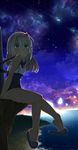 absurdres arm_at_side bangs bare_legs blonde_hair blue_eyes cliff cloud crocs crop_top dark dusk elizax9x flower foot_dangle from_side hair_flower hair_ornament highres horizon kantai_collection light_particles long_hair looking_at_viewer looking_to_the_side no_socks ocean outdoors ro-500_(kantai_collection) sailor_collar sandals school_swimsuit shoe_dangle shooting_star sitting sky sleeveless smile solo star_(sky) starry_sky swimsuit tan tanline torpedo 