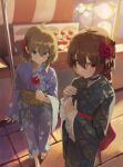  absurdres ahoge backlighting black_choker black_kimono blue_eyes braid broken_heart broken_heart_hair_ornament brown_hair candy_apple choker commentary english_commentary evil_neuro-sama floral_print floral_print_kimono flower food from_above full_body hair_between_eyes hair_flower hair_ornament heart heart_hair_ornament highres holding holding_food japanese_clothes kimono light_blush long_hair long_sleeves looking_at_viewer market_stall mbkona neuro-sama obi outdoors print_kimono purple_kimono red_eyes sandals sash siblings twins vedal_ai virtual_youtuber 