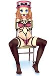  absurdres arms_behind_back ball_gag bdsm blonde_hair bondage bound bound_wrists bra breasts chair gag gagged handsofmidaz hat highres large_breasts long_hair looking_at_viewer panties pokemon restrained rope serena_(pokemon) shibari solo underwear underwear_only 