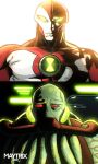  2boys alien artist_name aura ben_10 ben_10:_ultimate_alien blood_vessels colored_sclera commentary english_commentary glowing glowing_eyes maytrixxdx meme multiple_boys omnitrix_symbol parody scene_reference serious signature tentacle_beard twitter_username vilgax way_big 