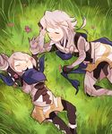  1boy 1girl armor cape father_and_daughter field fire_emblem fire_emblem_if flower grass hair_bun happy kamui_(fire_emblem) kanna_(fire_emblem_if) lying my_unit_(fire_emblem_if) nintendo on_back on_side outdoors pk-buttcheeks scarf short_hair silver_hair 