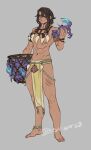  1girl abs animal artist_name barefoot blue_crab breasts briskripper68 crab dark-skinned_female dark_skin eating highres jewelry loincloth medium_breasts medium_hair muscular muscular_female necklace original scar simple_background tagme tooth_necklace wet 