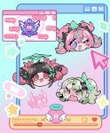  3girls absurdres angels_of_delusion aqua_streaks aria_(human)_(zenless_zone_zero) aria_(zenless_zone_zero) asymmetrical_bangs ayunyan_pere bandaid black_hair blush bow bubblegum_(zenless_zone_zero) closed_mouth colored_inner_hair crying crying_with_eyes_open earrings english_text green_bow green_eyes green_hair hair_bow hair_ornament hairclip halo heart highres jewelry looking_at_viewer multicolored_hair multiple_girls musical_note_earrings nangong_yu one_eye_closed open_mouth pink_hair red_eyes star_(symbol) streaked_hair sunna_(zenless_zone_zero) tears tongue tongue_out twintails wavy_mouth zenless_zone_zero 