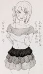  1girl abs absurdres averting_eyes blush braid braided_base bun_with_braided_base clothes_lift collarbone commentary_request cowboy_shot embarrassed furrowed_brow graphite_(medium) greyscale hair_bun hair_ornament hairclip half_updo hands_up highres layered_skirt lifting_own_clothes looking_to_the_side love_live! love_live!_nijigasaki_high_school_idol_club medium_hair monochrome more_muscular_than_canon muscular muscular_female navel open_mouth pleated_skirt raised_inner_eyebrows shirt shirt_lift single_side_bun skirt solo sweatdrop swept_bangs tank_top traditional_media tsutamibr uehara_ayumu 