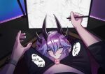  1boy 1girl absurdres blue_eyes blue_hair commentary cottontail_(vtuber) deepthroat demon_girl english_commentary fellatio freckles hair_between_eyes heterochromia highres indie_virtual_youtuber inkorax long_hair looking_at_viewer multicolored_hair oral purple_eyes purple_hair under_table virtual_youtuber 