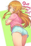  1girl absurdres aqua_eyes aqua_shorts ass ass_peek blush chibicheeks closed_mouth commentary cowboy_shot crossed_arms dolphin_shorts english_commentary english_text fingernails from_behind from_below green_background hair_ornament hairclip highres kousaka_kirino long_hair looking_at_viewer looking_back looking_down orange_hair ore_no_imouto_ga_konna_ni_kawaii_wake_ga_nai pink_shirt shirt short_shorts short_sleeves shorts solo standing straight_hair t-shirt turning_head 