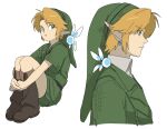  2boys anijiye blonde_hair blue_eyes boots brown_boots closed_mouth collared_tunic cropped_torso curtained_hair dual_persona earrings fairy frown green_hat green_shorts green_tunic hair_behind_ear hat highres hoop_earrings hugging_own_legs jewelry link long_pointy_ears looking_to_the_side male_focus multiple_boys open_mouth pointy_ears profile shirt short_hair short_sleeves shorts sideways_glance simple_background sitting the_legend_of_zelda the_legend_of_zelda:_ocarina_of_time the_legend_of_zelda:_ocarina_of_time_(remake) tunic undershirt white_background white_shirt wing_collar young_link 