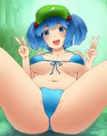  :d ass bangs bikini blue_bikini blue_ribbon blunt_bangs blush breasts collarbone double_v forest front-tie_bikini front-tie_top grass green_hat hair_bobbles hair_ornament hat head_tilt kawashiro_nitori large_breasts looking_at_viewer lying nature navel on_back open_mouth outdoors plant ribbon river sakushin short_twintails smile solo spread_legs stomach stone swimsuit tareme teeth touhou twintails two_side_up underboob v water 
