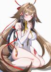  1girl absurdres animal_ear_fluff animal_ears armlet bare_shoulders breasts brown_hair brown_tail cabbage_ex chinese_clothes cleavage clover clover_hair_ornament collarbone commentary_request dress droopy_ears english_commentary fluffy_tail hair_ornament hairband highres jewelry kuji-in large_breasts leg_tattoo long_hair mixed-language_commentary qipao seiza silver_armlet simple_background sitting solo tail tattoo very_long_hair white_background white_dress white_hairband ye_shunguang zenless_zone_zero 