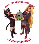  absurdres alunya animal_ear_fluff animal_ears bandana belt black_bandana black_boots black_coat black_dress black_hair black_necktie black_thighhighs blonde_hair blue_skirt boots bunker cake cat_ears cat_girl cat_tail coat copyright_name dress english_text fangs flag_bandana food grin happy_anniversary highres holding holding_cake holding_food knee_boots leftypol loafers long_hair medium_hair necktie open_clothes open_coat open_mouth red_bandana red_belt red_eyes red_necktie red_shoes red_trim rodina_(picg) sharp_teeth shoes short_dress skirt smile striped_clothes striped_necktie striped_thighhighs tail teeth thekkm thighhighs tongue very_long_hair 