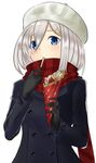  alternate_costume beret berries black_gloves blue_coat blue_eyes buttons coat crepe eating eyes_visible_through_hair food food_wrapper fruit gloves hair_ornament hair_over_one_eye hairclip hamakaze_(kantai_collection) hat highres kantai_collection red_scarf scarf short_hair silver_hair simple_background sin_(kami148) solo striped striped_scarf white_background winter_clothes winter_coat 