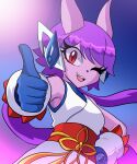  1girl absurdres arm_guards blue_gloves chinese_knot commentary dragon_girl dragon_horns earphones english_commentary freedom_planet freedom_planet_2 furry furry_female gloves hand_on_own_hip highres horns long_hair purple_hair purple_nose red_eyes sash_lilac smile theglitched0wl thumbs_up twintails water_dragon 