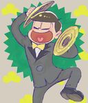  bow bowtie closed_eyes cymbals formal heart heart_in_mouth instrument male_focus matsuno_juushimatsu nanatatami osomatsu-kun osomatsu-san six_same_faces smile solo standing standing_on_one_leg suit 