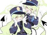 2girls :3 :p absurdres ahoge akanbe armband belt black_belt black_hat black_tail blue_archive blue_armband blue_hat blue_jacket blue_skirt blush buttons commentary_request demon_tail double-breasted earrings eyelid_pull fang gloves green_hair green_halo hair_between_eyes halo hands_up hat highres hikari_(blue_archive) honi_(honi1010) jacket jewelry long_hair long_sleeves looking_at_viewer making_faces multiple_girls nozomi_(blue_archive) open_mouth peaked_cap pleated_skirt pointy_ears shirt siblings sidelocks simple_background sisters skin_fang skirt smile tail tongue tongue_out twins twintails upper_body very_long_hair white_background white_gloves yellow_eyes 