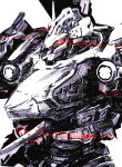  absurdres armored_core armored_core_vi:_fires_of_rubicon commentary english_commentary from_side glowing glowing_eye greyscale highres looking_ahead mecha mecha_focus monochrome nightfall_(armored_core_vi) no_humans one-eyed_mecha red_eyes robot science_fiction shiokaze1409 simple_background spot_color upper_body white_background 