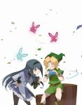  1boy 1girl akemi_homura akemi_homura_(magical_girl) black_headband black_thighhighs blue_eyes commentary crossover curious fairy green_hat hat headband highres instrument leaf link log magical_girl mahou_shoujo_madoka_magica mahou_shoujo_madoka_magica_(anime) ocarina one_eye_closed pantyhose pointy_ears purple_eyes sitting startboii the_legend_of_zelda the_legend_of_zelda:_ocarina_of_time thighhighs trait_connection untranslatable_commentary white_background young_link 