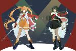 2girls absurdres bang_dream! bang_dream!_yumemita belt black_boots black_shirt black_skirt blonde_hair boots chinese_commentary commentary_request cosplay curtains full_body fur-trimmed_jacket fur_trim green_eyes green_hair hair_bun hair_ornament hand_to_own_mouth highres holding holding_sword holding_weapon jacket jacket_on_shoulders jizhui_hao_teng long_hair long_sleeves looking_at_viewer mole mole_under_mouth multiple_girls nakamachi_arale nakamachi_arale_(real) one_side_up pleated_skirt red_sash sash shirt shoujo_kageki_revue_starlight shoulder_sash single_side_bun skirt smile sparkle spotlight standing sword tassel twintails very_long_hair viola_(bang_dream!) weapon white_shirt x_hair_ornament yellow_belt yellow_skirt 