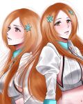  1girl bleach bleach:_sennen_kessen-hen breasts collared_vest cropped_vest cuxmah hair_ornament hairclip highres inoue_orihime inoue_orihime_(sennen_kessen-hen) long_hair long_sleeves looking_at_viewer midriff multiple_views navel orange_eyes orange_hair parted_bangs puffy_sleeves simple_background snowflake_hair_ornament solo teeth vest white_background white_sleeves white_vest 