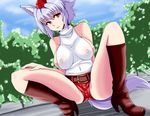  :d animal_ears bare_arms bare_shoulders belt blue_sky boots breasts brown_footwear buckle bush covered_nipples day dutch_angle hand_on_own_knee hat head_tilt high_heels inubashiri_momiji knee_boots large_breasts lavender_hair legs_apart light_smile looking_at_viewer naughty_face navel nipples no_bra open_mouth parted_lips plant red_eyes red_shorts see-through sekitaku short_hair short_shorts shorts sideboob sidewalk sky smile solo spread_legs squatting sweater_vest tokin_hat touhou tsurime turtleneck wolf_ears 