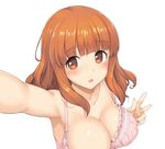  blush bra breasts brown_eyes brown_hair cleavage girls_und_panzer large_breasts long_hair looking_at_viewer open_mouth out-of-frame_censoring pink_bra reaching_out self_shot smile solo takayaki takebe_saori underwear v 