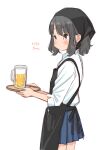  1girl alcohol apron bandana beer beer_mug black_apron blue_skirt blush closed_mouth collared_shirt commentary_request cowboy_shot cropped_legs cup drinking_glass earrings employee_uniform from_side grey_eyes grey_hair headscarf highres holding holding_tray jewelry light_blush long_sleeves looking_to_the_side miniskirt mug original pen pleated_skirt pocket retsumaru shirt short_hair sidelocks simple_background skirt sleeves_rolled_up smile solo standing stud_earrings tray waitress wavy_hair white_background white_shirt 