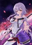  1girl arm_guards armored_bodysuit bare_shoulders bodysuit breasts cleavage closed_mouth clothing_cutout commentary_request goddess_of_victory:_nikke grey_bodysuit grey_hair hair_between_eyes highres holding holding_weapon ibuibuyou large_breasts leg_cutout long_hair looking_at_viewer missing_headwear scarlet_(nikke) smile solo sword very_long_hair weapon yellow_eyes 
