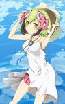  android bare_shoulders bike_shorts blue_sky blush cloud cloudy_sky collarbone day dimension_w dress dress_lift green_eyes green_hair hair_ribbon hands_up hat hat_removed headgear headwear_removed holding holding_hat looking_at_viewer multicolored_hair outdoors piisu ribbon short_hair sky sleeveless sleeveless_dress smile solo streaked_hair tail two-tone_hair white_dress wind wind_lift yurizaki_mira 