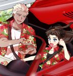  1boy 1girl archer_(fate) black_ribbon blue_eyes brown_hair car commentary_request dark-skinned_male dark_skin driving fate/stay_night fate_(series) floating_hair floral_print floral_print_shirt food grey_eyes hair_ribbon hawaiian_shirt holding holding_food holding_pizza long_hair motor_vehicle offering_food open_mouth pizza pizza_slice print_shirt red_car red_shirt redmin_0415 ribbon shirt short_sleeves tohsaka_rin white_hair 