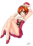  bare_shoulders christmas dress green_eyes handsofmidaz high_heels highres hoshizora_rin legs long_legs love_live! love_live!_school_idol_festival love_live!_school_idol_project no_socks orange_hair panties pantyshot pantyshot_(sitting) short_hair sitting smile solo thighs underwear upskirt white_panties 