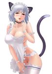  1girl absurdres animal_ears apron braid breasts cat_ears cat_tail colored_pubic_hair garter_straps highres izayoi_sakuya kemonomimi_mode large_breasts leaning_forward lipstick maid_apron maid_headdress makeup naked_apron no_bra no_panties open_mouth pubic_hair red_eyes short_hair silver_hair silver_pubic_hair solo strap_slip tail thighhighs touhou twin_braids white_legwear 