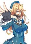  :d atago_(kantai_collection) atago_(kantai_collection)_(cosplay) black_gloves blonde_hair breasts cosplay fingerless_gloves gloves grey_eyes hand_on_hip hat iowa_(kantai_collection) kantai_collection large_breasts long_hair open_mouth simple_background smile solo star star-shaped_pupils symbol-shaped_pupils teeth white_background wulazula 