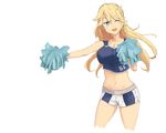  blonde_hair blue_eyes breasts cheerleader clothes_writing fuyujin highres iowa_(kantai_collection) kantai_collection large_breasts long_hair midriff navel one_eye_closed open_mouth pom_poms solo star star-shaped_pupils symbol-shaped_pupils 