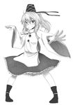  blush commentary_request full_body greyscale hat japanese_clothes kariginu long_sleeves looking_at_viewer miyoshi_(triple_luck) monochrome mononobe_no_futo ponytail skirt smile solo tate_eboshi touhou white_background wide_sleeves 