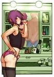  2n5 adjusting_clothes adjusting_panties ass bathroom black_legwear brushing_teeth cheek_bulge ear_piercing earrings hair_over_one_eye jewelry male_focus mikel-kun mirror multiple_boys panties penis penis_in_panties piercing pink_panties purple_hair reflection short_hair tank_top thighhighs toothbrush trap uncensored underwear 