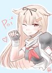  blonde_hair bow fingerless_gloves gloves hair_bow hair_flaps hair_ornament hair_ribbon hairclip heart highres kantai_collection kirigakure_(kirigakure_tantei_jimusho) long_hair looking_at_viewer neckerchief one_eye_closed paw_pose poi red_eyes red_neckwear remodel_(kantai_collection) ribbon smile solo yuudachi_(kantai_collection) 