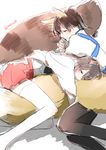  akagi_(kantai_collection) animal_ears brown_hair closed_eyes commentary_request fox_ears fox_tail japanese_clothes kaga_(kantai_collection) kantai_collection kemonomimi_mode long_hair lying multiple_girls on_side raccoon_ears raccoon_tail shuu-0208 side_ponytail sketch sleeping sleeping_on_person tail tail_hug thighhighs twitter_username 