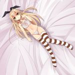  :o bell bell_choker blonde_hair breasts cat_cutout cat_ear_panties cat_lingerie choker cleavage cleavage_cutout full_body hairband highres jingle_bell kantai_collection long_hair looking_at_viewer lying meme_attire navel no_shoes on_back panties shimakaze_(kantai_collection) side-tie_panties small_breasts solo sonyntendo striped striped_legwear thighhighs underwear white_panties yellow_eyes 