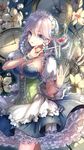  aqua_eyes braid breasts bustier cleavage clock cup floating floating_hair floating_object flower frilled_skirt frills headdress izayoi_sakuya kieta knife large_breasts petticoat puffy_sleeves short_sleeves skirt solo source_request teacup touhou twin_braids white_hair wrist_cuffs 